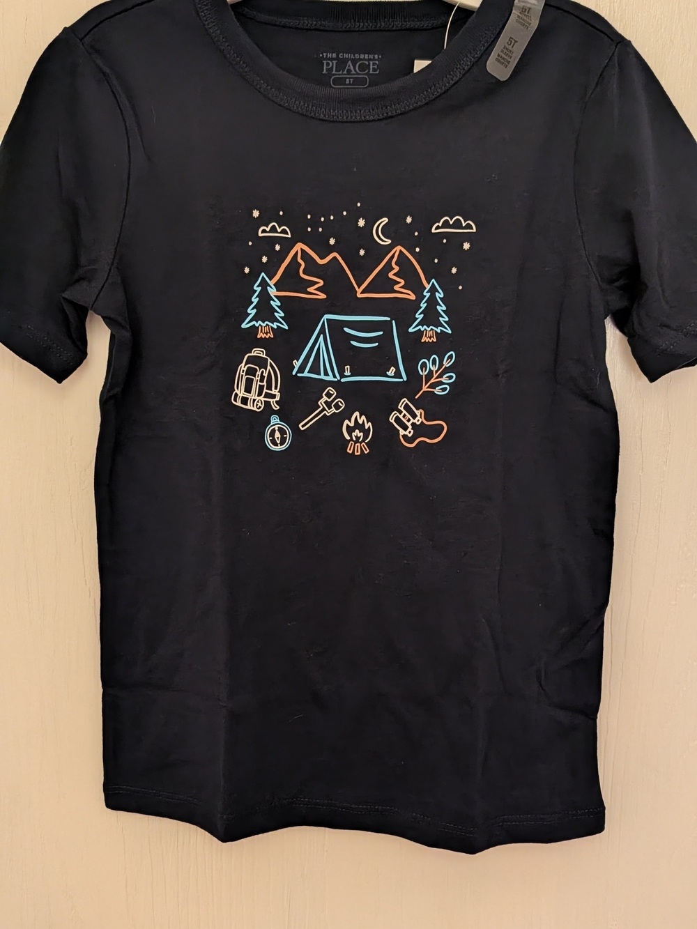 The Children's Place Black Short Sleeve Tee with Orange & Teal Camping Graphic
